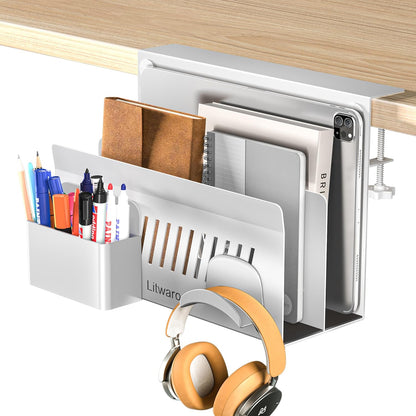 Desk Side Storage, No Drill Laptop Holder with Magnetic Pen Holder, Clamp on Laptop Mount with Sticky Headphone Stand, Hanging Organizer for Office, Fits Flat Table Edge 0.4" to 2" (Black)