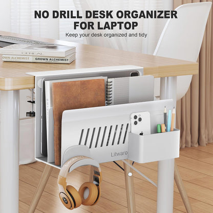 Desk Side Storage, No Drill Laptop Holder with Magnetic Pen Holder, Clamp on Laptop Mount with Sticky Headphone Stand, Hanging Organizer for Office, Fits Flat Table Edge 0.4" to 2" (Black)