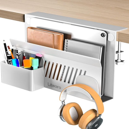 Desk Side Storage, No Drill Laptop Holder with Magnetic Pen Holder, Clamp on Laptop Mount with Sticky Headphone Stand, Hanging Organizer for Office, Fits Flat Table Edge 0.4" to 2" (Black)