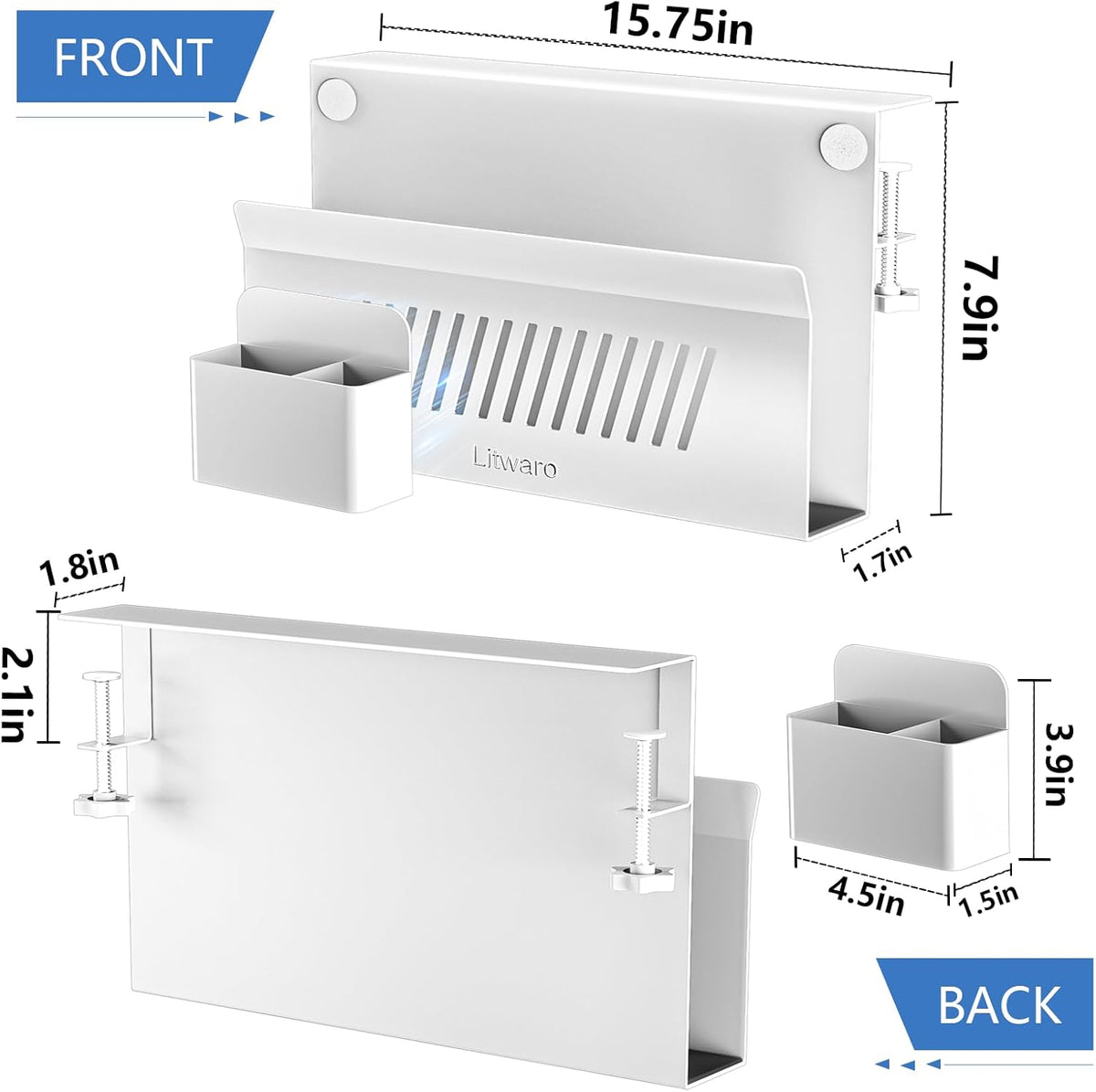 Desk Side Storage, No Drill Laptop Holder with Magnetic Pen Holder, Clamp on Laptop Mount with Sticky Headphone Stand, Hanging Organizer for Office, Fits Flat Table Edge 0.4" to 2" (Black)