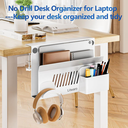 Desk Side Storage, No Drill Laptop Holder with Magnetic Pen Holder, Clamp on Laptop Mount with Sticky Headphone Stand, Hanging Organizer for Office, Fits Flat Table Edge 0.4" to 2" (Black)