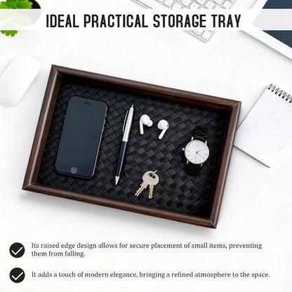 Wooden Valet Tray Desk Organizer with Leather Base,Nightstand, Entryway Bedside Dump Holder for Wallets, Keys, Watches, Jewelry & Sunglasses