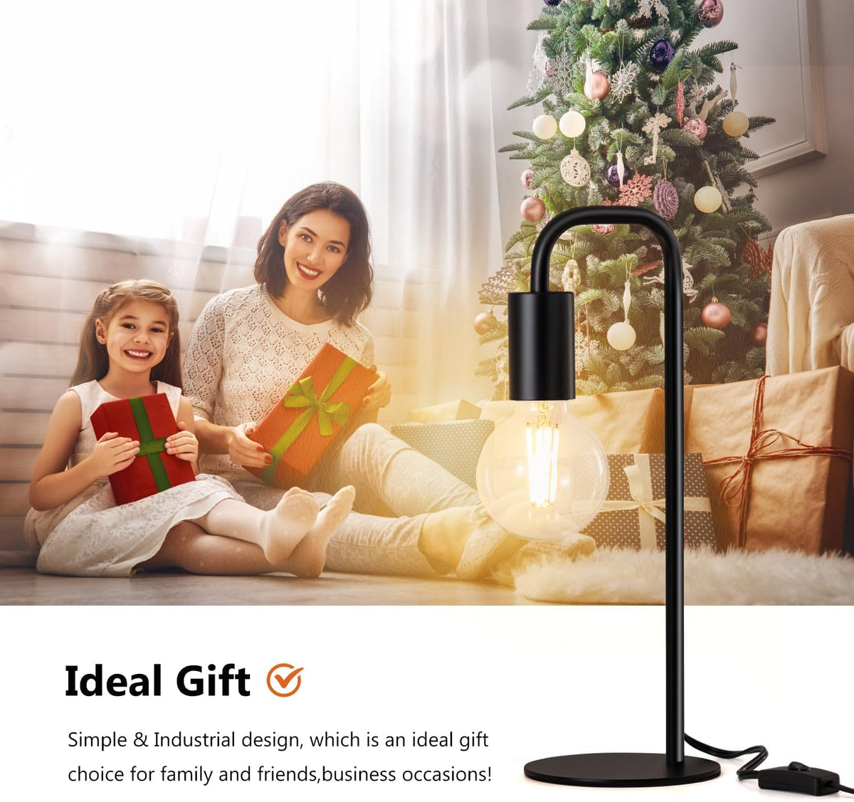 Industrial Table Lamp for Bedroom, Small Table Lamps for Bedside with Wire Switch, E26 Socket Base, Modern Nightstand Lamp for Living Room, Reading, Office, Bulb Not Included.