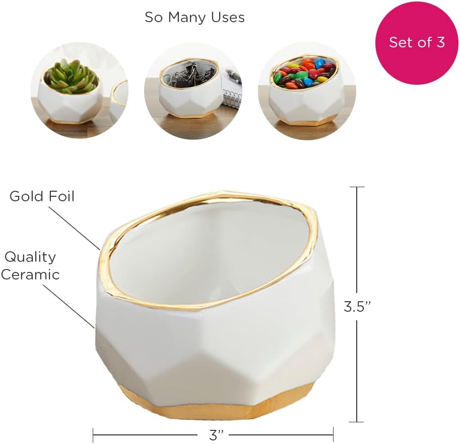 Geometric Ceramic Planters, Mini Decorative Bowls (Set of 3) Small- Succulent Pots, Modern Decor, Shelf Decor, Desk, Table Décor, White