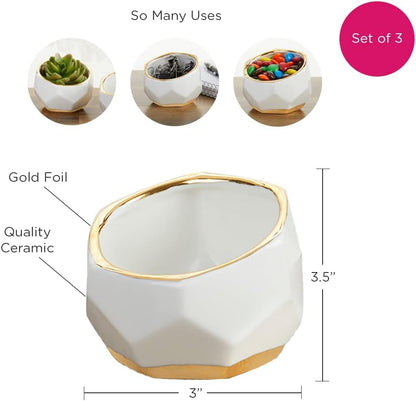 Geometric Ceramic Planters, Mini Decorative Bowls (Set of 3) Small- Succulent Pots, Modern Decor, Shelf Decor, Desk, Table Décor, White