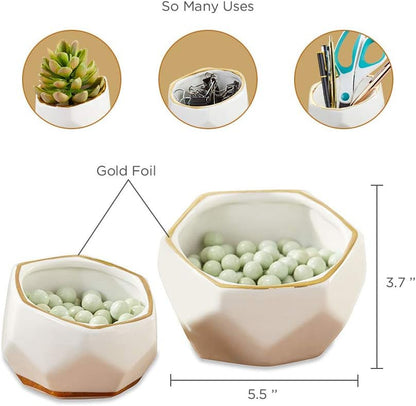 Geometric Ceramic Planters, Mini Decorative Bowls (Set of 3) Small- Succulent Pots, Modern Decor, Shelf Decor, Desk, Table Décor, White