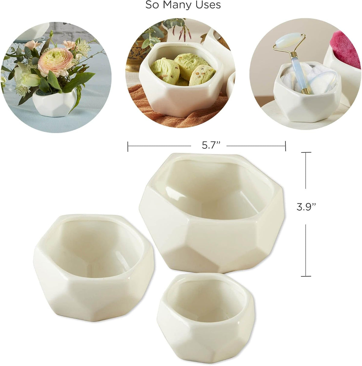 Geometric Ceramic Planters, Mini Decorative Bowls (Set of 3) Small- Succulent Pots, Modern Decor, Shelf Decor, Desk, Table Décor, White