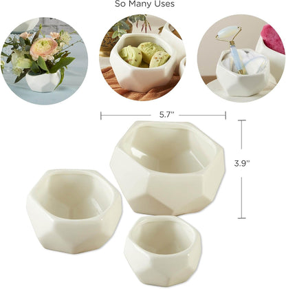 Geometric Ceramic Planters, Mini Decorative Bowls (Set of 3) Small- Succulent Pots, Modern Decor, Shelf Decor, Desk, Table Décor, White