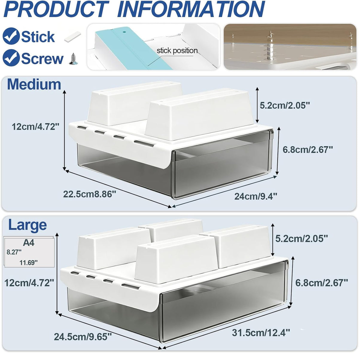 Upgrade Under Desk Drawer for Table with Lip,2 Pack Large & Medium,Slide Out Attachable Drawer for Under Desk Storage Organizer(ClearBlack/LM)