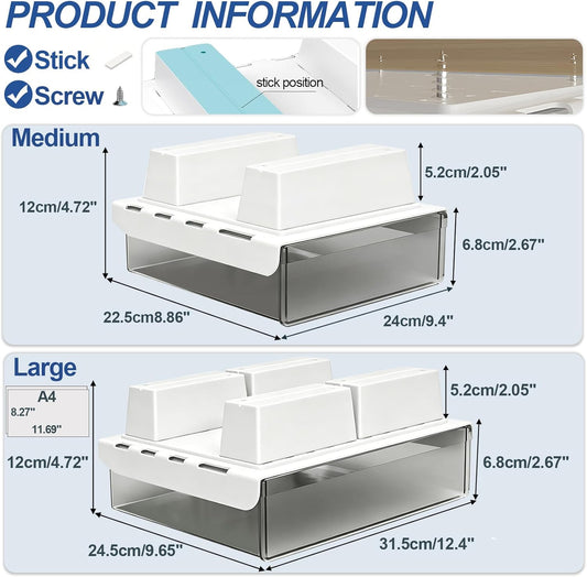 Upgrade Under Desk Drawer for Table with Lip,2 Pack Large & Medium,Slide Out Attachable Drawer for Under Desk Storage Organizer(ClearBlack/LM)