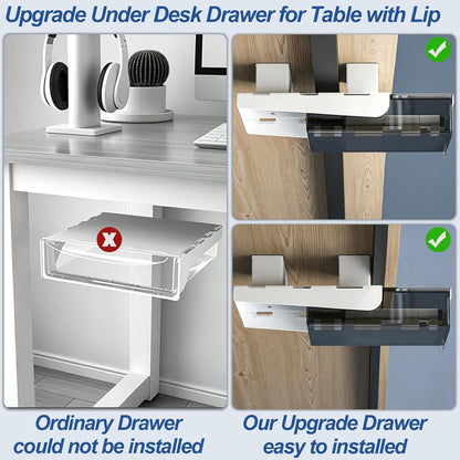 Upgrade Under Desk Drawer for Table with Lip,2 Pack Large & Medium,Slide Out Attachable Drawer for Under Desk Storage Organizer(ClearBlack/LM)