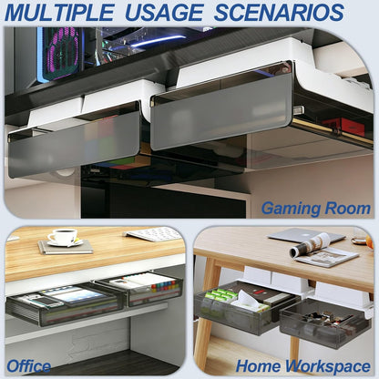 Upgrade Under Desk Drawer for Table with Lip,2 Pack Large & Medium,Slide Out Attachable Drawer for Under Desk Storage Organizer(ClearBlack/LM)
