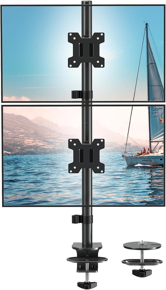 Stable Vertical Dual Monitor Stand, Stacked Monitor Mount for 2 Screens Up to 32 inch, Full Motion Monitor Desk Mount with Swivel, Tilt, Rotation, Holds 17.6 lbs Each, Max VESA 100x100mm