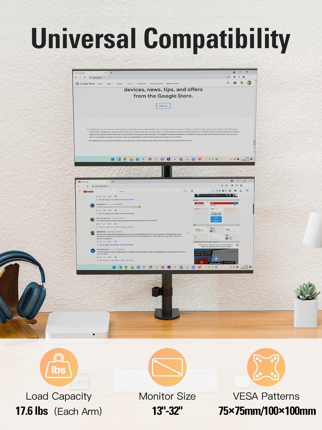 Stable Vertical Dual Monitor Stand, Stacked Monitor Mount for 2 Screens Up to 32 inch, Full Motion Monitor Desk Mount with Swivel, Tilt, Rotation, Holds 17.6 lbs Each, Max VESA 100x100mm