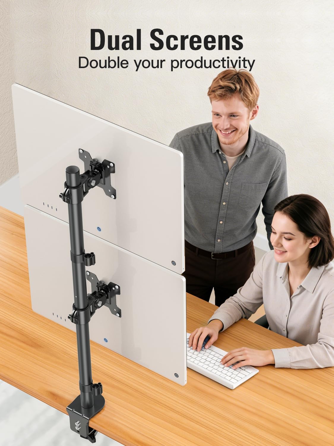 Stable Vertical Dual Monitor Stand, Stacked Monitor Mount for 2 Screens Up to 32 inch, Full Motion Monitor Desk Mount with Swivel, Tilt, Rotation, Holds 17.6 lbs Each, Max VESA 100x100mm
