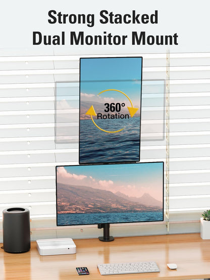 Stable Vertical Dual Monitor Stand, Stacked Monitor Mount for 2 Screens Up to 32 inch, Full Motion Monitor Desk Mount with Swivel, Tilt, Rotation, Holds 17.6 lbs Each, Max VESA 100x100mm