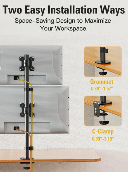 Stable Vertical Dual Monitor Stand, Stacked Monitor Mount for 2 Screens Up to 32 inch, Full Motion Monitor Desk Mount with Swivel, Tilt, Rotation, Holds 17.6 lbs Each, Max VESA 100x100mm