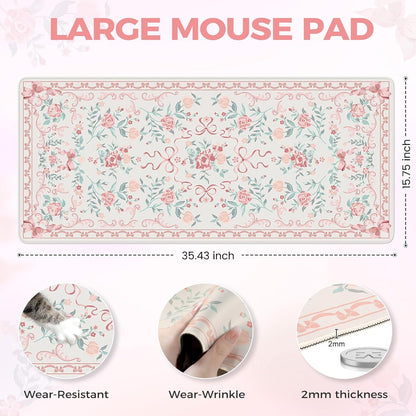 Desk Mat,Mouse Pad for Office Desk,35.4x15.7in,Pink Flowers