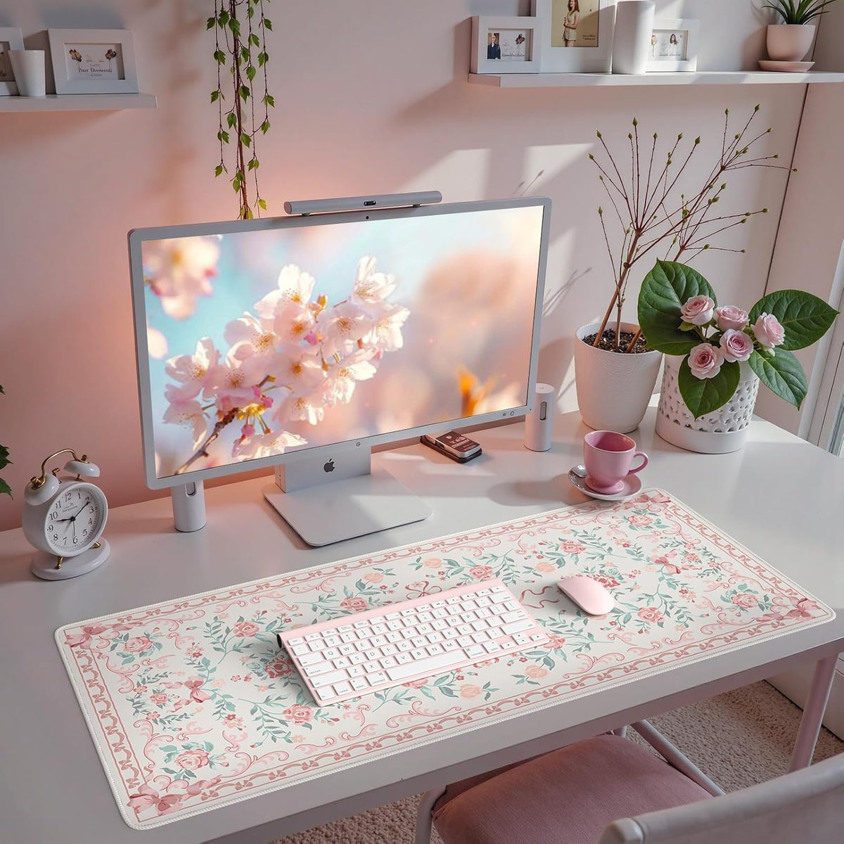 Desk Mat,Mouse Pad for Office Desk,35.4x15.7in,Pink Flowers