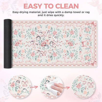 Desk Mat,Mouse Pad for Office Desk,35.4x15.7in,Pink Flowers