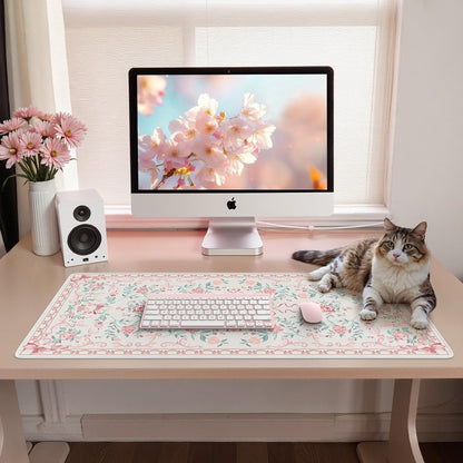 Desk Mat,Mouse Pad for Office Desk,35.4x15.7in,Pink Flowers