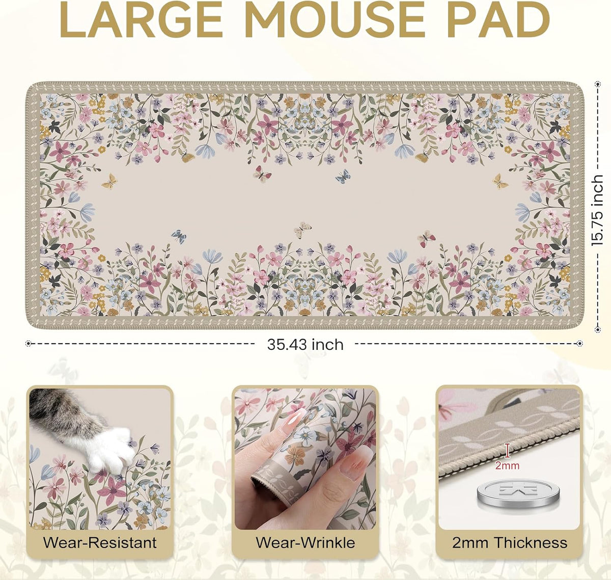 Desk Mat,Mouse Pad for Office Desk,35.4x15.7in,Pink Flowers