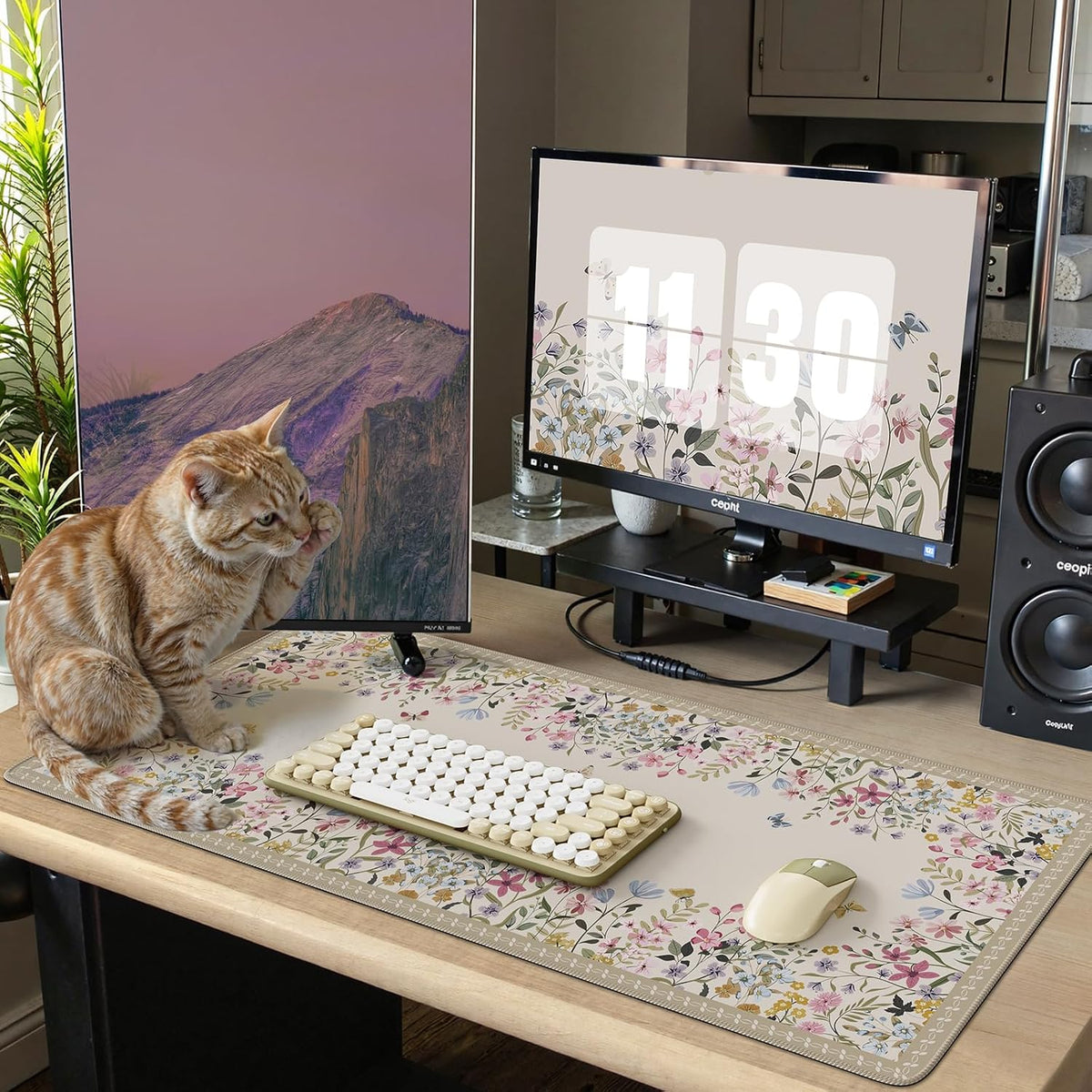 Desk Mat,Mouse Pad for Office Desk,35.4x15.7in,Pink Flowers