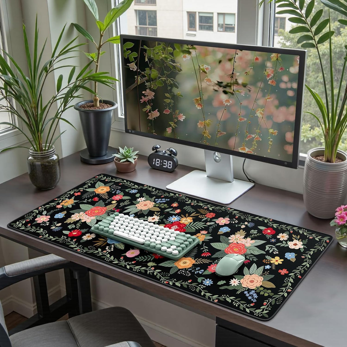 Desk Mat,Mouse Pad for Office Desk,35.4x15.7in,Pink Flowers