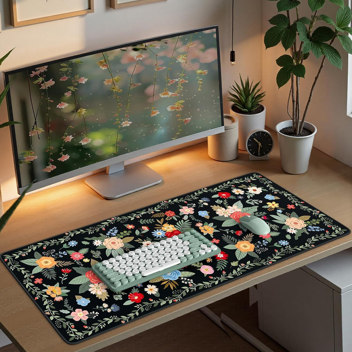 Desk Mat,Mouse Pad for Office Desk,35.4x15.7in,Pink Flowers