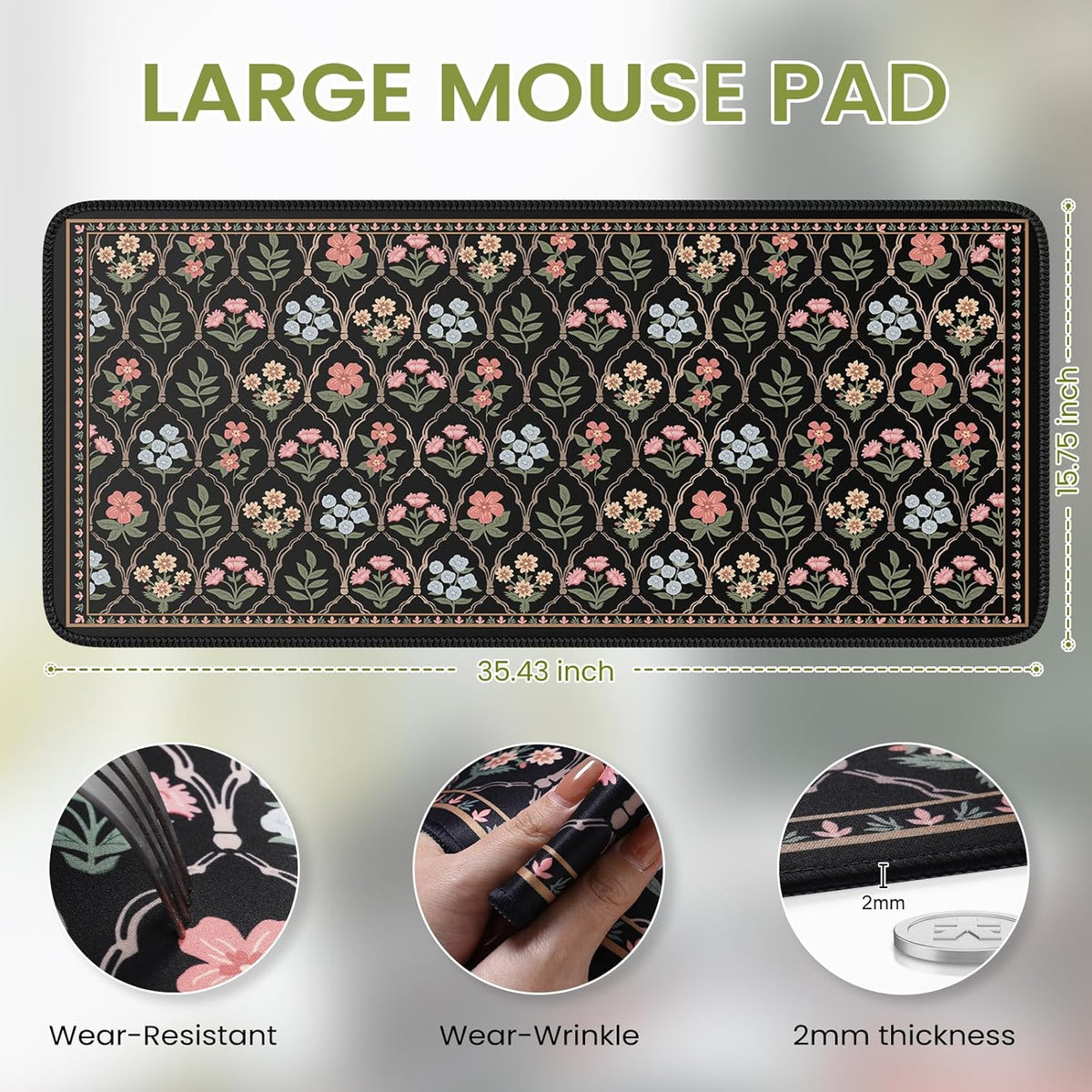 Desk Mat,Mouse Pad for Office Desk,35.4x15.7in,Pink Flowers