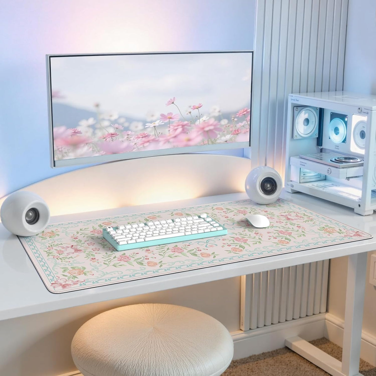 Desk Mat,Mouse Pad for Office Desk,35.4x15.7in,Pink Flowers
