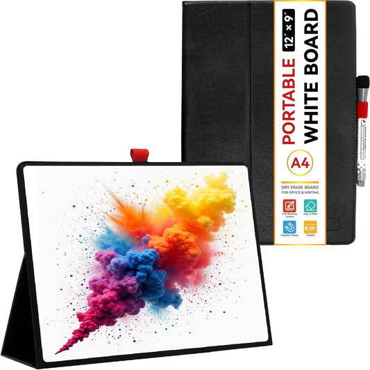 12"x9" Portable White Board with Foldable Stand, A4 Small Whiteboard, Ultra-Smooth Anti-Ghosting Surface, Easy Wipes Dry Erase Board for Office Home School, Includes Marker & Eraser (Black)