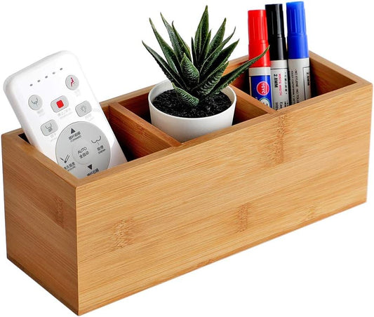 Bamboo Wood Pens Pencils Holder Cup for Desk Remote Control Holder, Caddy,Organizer,Desktop Storage with 3 Compartments,Makeup Brush Holder,Silverware Caddy for Party,Office Supplies (3 Grid)