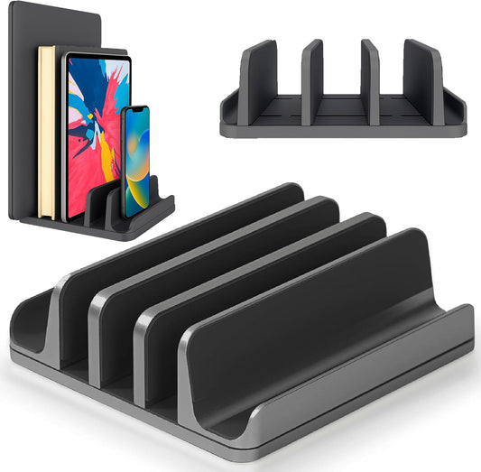 5- Slot Vertical Laptop Stand - Aluminum Laptop Stand Vertical for Desk - Fits MacBook Pro/Air, Surface, Mobiles & Gaming Laptops up to 17.3" - Heavy Duty Laptop Holder for Desk - (Black)