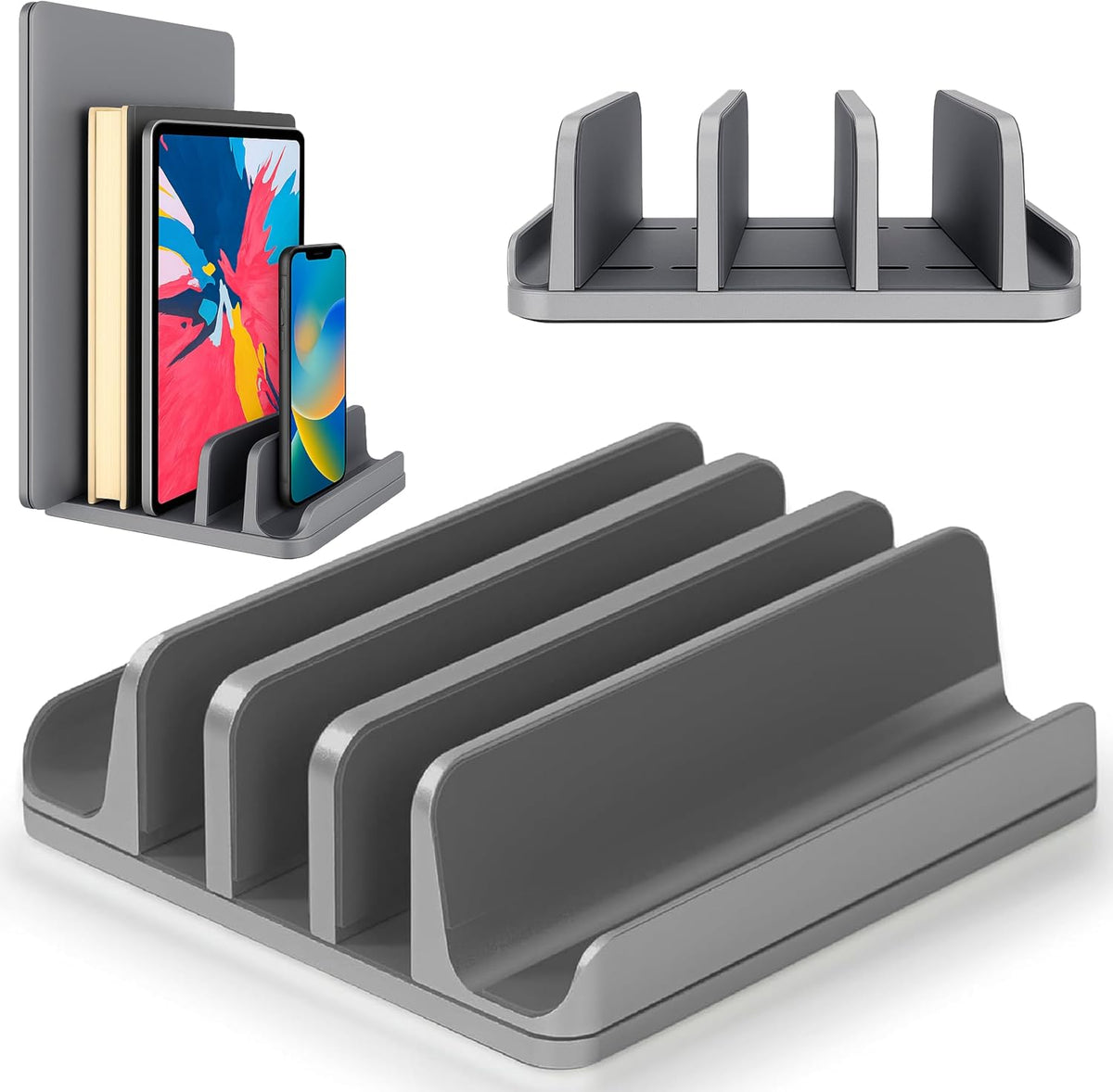 5- Slot Vertical Laptop Stand - Aluminum Laptop Stand Vertical for Desk - Fits MacBook Pro/Air, Surface, Mobiles & Gaming Laptops up to 17.3" - Heavy Duty Laptop Holder for Desk - (Black)