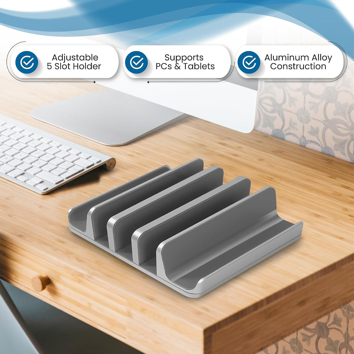 5- Slot Vertical Laptop Stand - Aluminum Laptop Stand Vertical for Desk - Fits MacBook Pro/Air, Surface, Mobiles & Gaming Laptops up to 17.3" - Heavy Duty Laptop Holder for Desk - (Black)