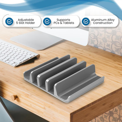 5- Slot Vertical Laptop Stand - Aluminum Laptop Stand Vertical for Desk - Fits MacBook Pro/Air, Surface, Mobiles & Gaming Laptops up to 17.3" - Heavy Duty Laptop Holder for Desk - (Black)