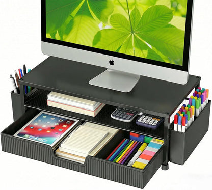 Desk Organizer and Accessories, 2-Tier Computer Monitor Stand Rise with Storage Drawer & 2 Pen Holders, Laptop & Printer Stand for Desktop, Workspace Organizers for Office Supplies (Black)