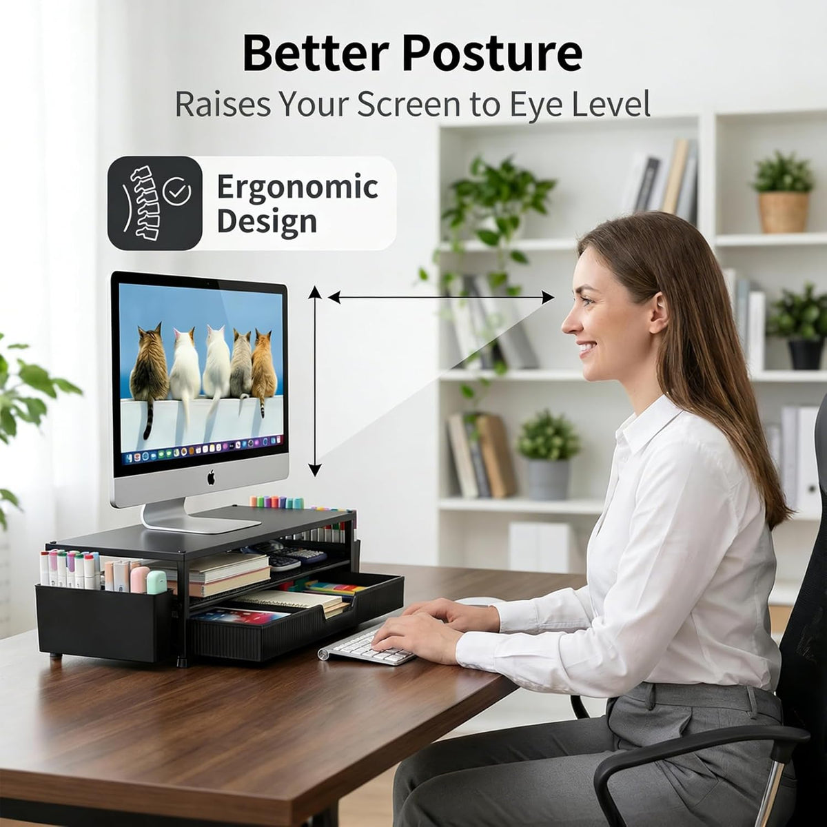 Desk Organizer and Accessories, 2-Tier Computer Monitor Stand Rise with Storage Drawer & 2 Pen Holders, Laptop & Printer Stand for Desktop, Workspace Organizers for Office Supplies (Black)
