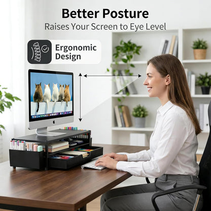 Desk Organizer and Accessories, 2-Tier Computer Monitor Stand Rise with Storage Drawer & 2 Pen Holders, Laptop & Printer Stand for Desktop, Workspace Organizers for Office Supplies (Black)