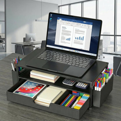 Desk Organizer and Accessories, 2-Tier Computer Monitor Stand Rise with Storage Drawer & 2 Pen Holders, Laptop & Printer Stand for Desktop, Workspace Organizers for Office Supplies (Black)