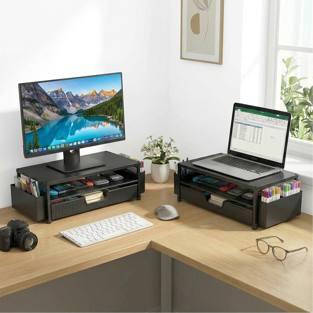 Desk Organizer and Accessories, 2-Tier Computer Monitor Stand Rise with Storage Drawer & 2 Pen Holders, Laptop & Printer Stand for Desktop, Workspace Organizers for Office Supplies (Black)