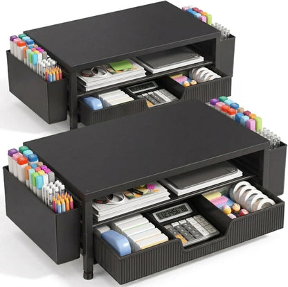 Desk Organizer and Accessories, 2-Tier Computer Monitor Stand Rise with Storage Drawer & 2 Pen Holders, Laptop & Printer Stand for Desktop, Workspace Organizers for Office Supplies (Black)