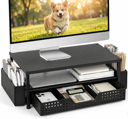 Desk Organizer and Accessories, 2-Tier Computer Monitor Stand Rise with Storage Drawer & 2 Pen Holders, Laptop & Printer Stand for Desktop, Workspace Organizers for Office Supplies (Black)