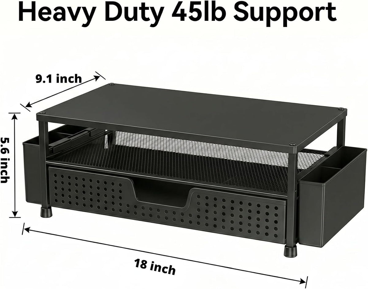Desk Organizer and Accessories, 2-Tier Computer Monitor Stand Rise with Storage Drawer & 2 Pen Holders, Laptop & Printer Stand for Desktop, Workspace Organizers for Office Supplies (Black)
