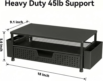 Desk Organizer and Accessories, 2-Tier Computer Monitor Stand Rise with Storage Drawer & 2 Pen Holders, Laptop & Printer Stand for Desktop, Workspace Organizers for Office Supplies (Black)