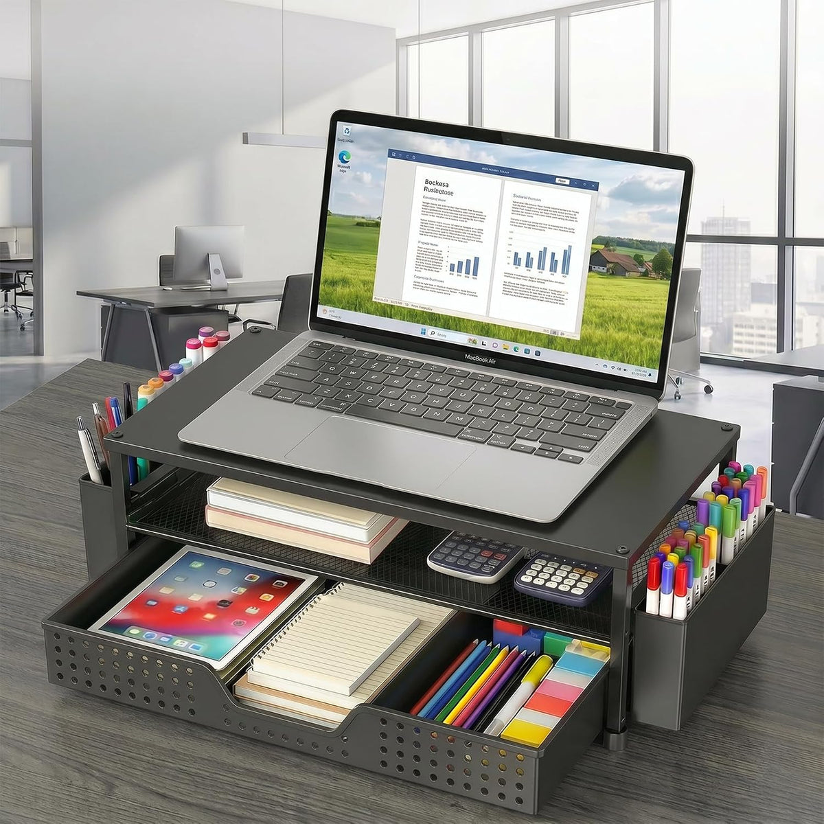 Desk Organizer and Accessories, 2-Tier Computer Monitor Stand Rise with Storage Drawer & 2 Pen Holders, Laptop & Printer Stand for Desktop, Workspace Organizers for Office Supplies (Black)