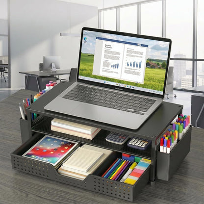 Desk Organizer and Accessories, 2-Tier Computer Monitor Stand Rise with Storage Drawer & 2 Pen Holders, Laptop & Printer Stand for Desktop, Workspace Organizers for Office Supplies (Black)