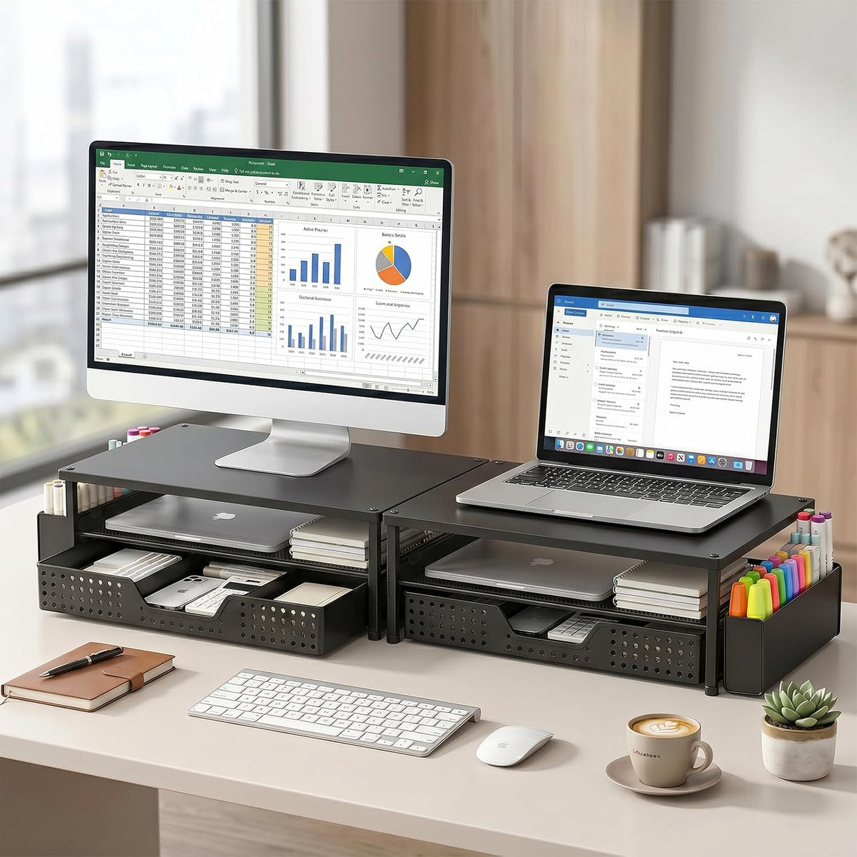 Desk Organizer and Accessories, 2-Tier Computer Monitor Stand Rise with Storage Drawer & 2 Pen Holders, Laptop & Printer Stand for Desktop, Workspace Organizers for Office Supplies (Black)