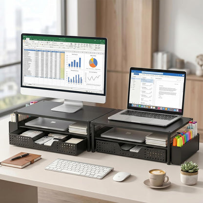 Desk Organizer and Accessories, 2-Tier Computer Monitor Stand Rise with Storage Drawer & 2 Pen Holders, Laptop & Printer Stand for Desktop, Workspace Organizers for Office Supplies (Black)